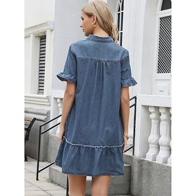 Demin Mini Dress for Women's Ruffle Sleeve Button Up Collared Casual Jean Dresses with Pockets
