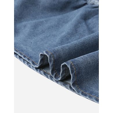 Demin Mini Dress for Women's Ruffle Sleeve Button Up Collared Casual Jean Dresses with Pockets