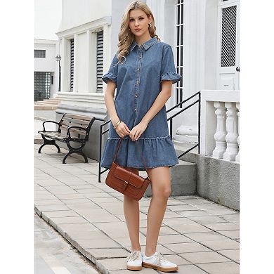 Demin Mini Dress for Women's Ruffle Sleeve Button Up Collared Casual Jean Dresses with Pockets