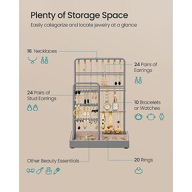Multi-Level Jewelry Stand for Dresser or Vanity with Necklace Hooks and Earring Holder