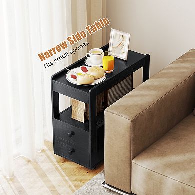 Gymax Narrow Two Drawer Sofa Side Table with Open Shelves Nightstand