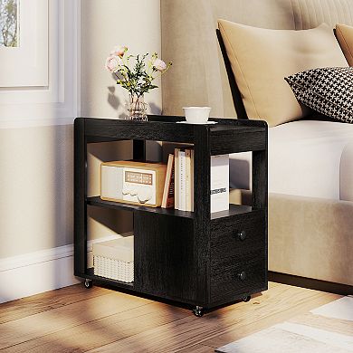 Gymax Narrow Two Drawer Sofa Side Table with Open Shelves Nightstand