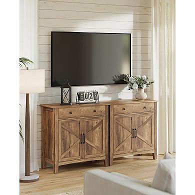 Sideboard Buffet Cabinet with Barn Doors and Adjustable Shelves Honey Brown Finish