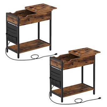 Set of 2 Rustic Brown Side Tables with Power Outlets, USB Ports, and Fabric Storage