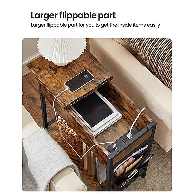 Set of 2 Rustic Brown Side Tables with Power Outlets, USB Ports, and Fabric Storage