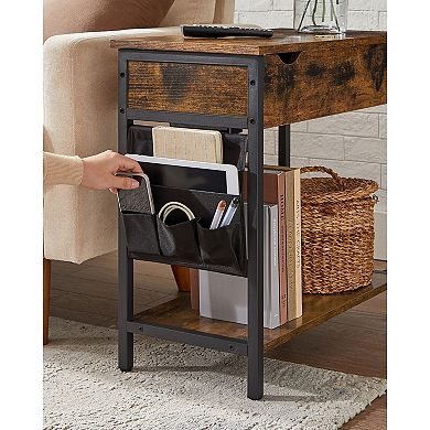 Set of 2 Rustic Brown Side Tables with Power Outlets, USB Ports, and Fabric Storage