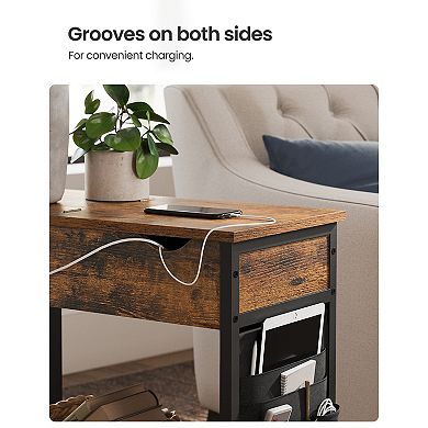 Set of 2 Rustic Brown Side Tables with Power Outlets, USB Ports, and Fabric Storage