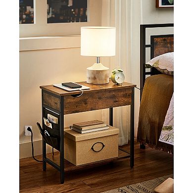 Set of 2 Rustic Brown Side Tables with Power Outlets, USB Ports, and Fabric Storage