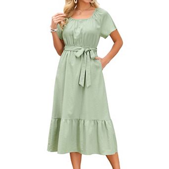 Women's Summer Dress Flutter Short Sleeve Scoop Neck Tiered Flowy Sundress Tie Waist Long Maxi Dress