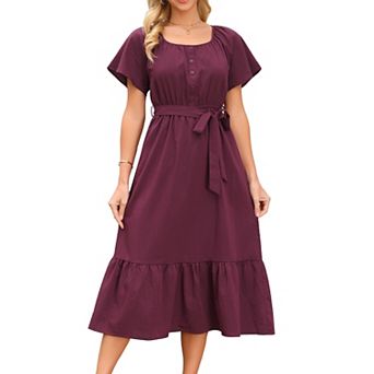 Women's Summer Dress Flutter Short Sleeve Scoop Neck Tiered Flowy Sundress Tie Waist Long Maxi Dress
