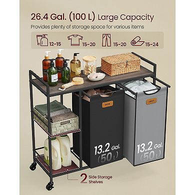 Laundry Cart with 2 Baskets, 4 Wheels and Adjustable Feet for Easy Storage