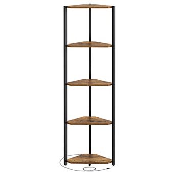 LED Corner Shelf for Living Room or Bedroom with Remote-Control Light Settings - Rustic Brown