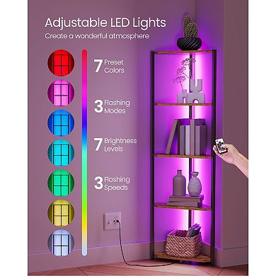 LED Corner Shelf for Living Room or Bedroom with Remote-Control Light Settings - Rustic Brown