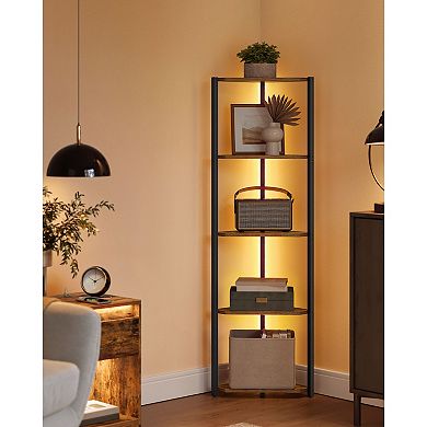 LED Corner Shelf for Living Room or Bedroom with Remote-Control Light Settings - Rustic Brown