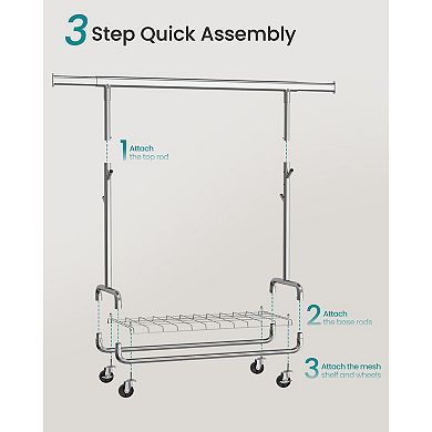 Adjustable Steel Garment Rack with Locking Casters for Bedroom or Laundry Room