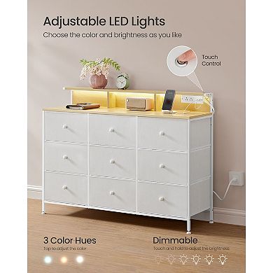 9-Drawer Storage Dresser with LED Touch Lights, USB Ports and AC Outlets Cloud White