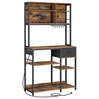 Baker's Rack with Power Outlet, Worktop and Adjustable Shelves, Rustic Brown and Black