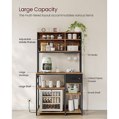 Baker's Rack with Power Outlet, Worktop and Adjustable Shelves, Rustic Brown and Black