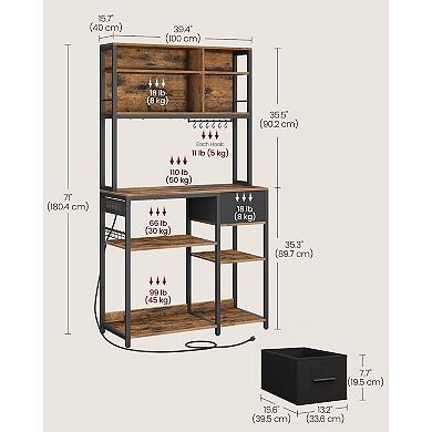 Baker's Rack with Power Outlet, Worktop and Adjustable Shelves, Rustic Brown and Black