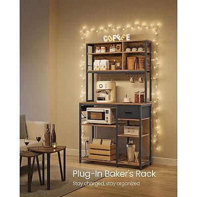 Baker's Rack with Power Outlet, Worktop and Adjustable Shelves, Rustic Brown and Black