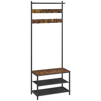 Space-Saving Hall Tree with Bench, 9 Hooks and Fabric Shoe Shelves for Entryway Storage