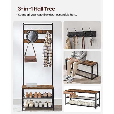 Space-Saving Hall Tree with Bench 9 Hooks and Fabric Shoe Shelves for Entryway Storage Rustic Brown