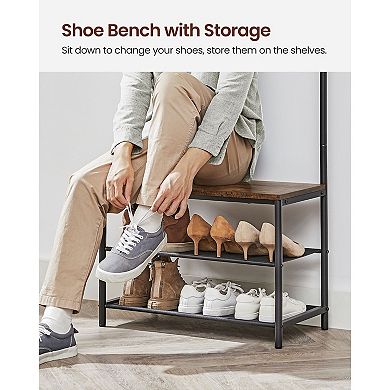Space-Saving Hall Tree with Bench 9 Hooks and Fabric Shoe Shelves for Entryway Storage Rustic Brown