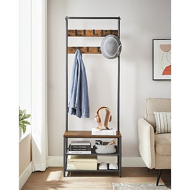 Space-Saving Hall Tree with Bench 9 Hooks and Fabric Shoe Shelves for Entryway Storage Rustic Brown