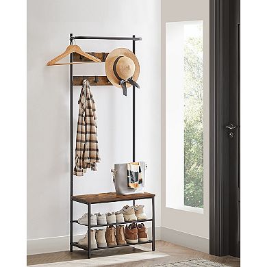 Space-Saving Hall Tree with Bench 9 Hooks and Fabric Shoe Shelves for Entryway Storage Rustic Brown