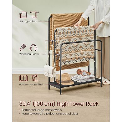 Black 3-Bar Towel Drying Rack with Hooks and Shelf for Bathroom or Bedroom