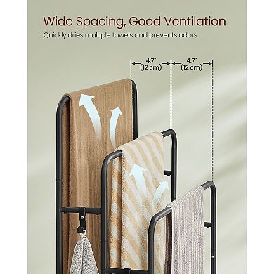 Black 3-Bar Towel Drying Rack with Hooks and Shelf for Bathroom or Bedroom