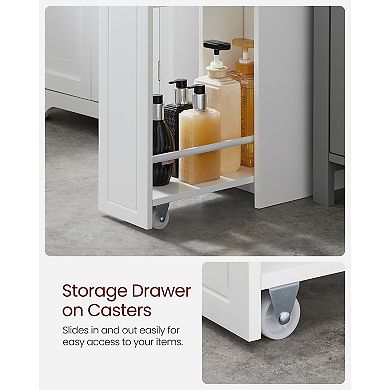 Slim Cloud White Bathroom Storage Cabinet with Drawer and Pull-Out Bottom Bin