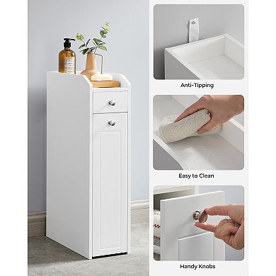 Slim Cloud White Bathroom Storage Cabinet with Drawer and Pull-Out Bottom Bin