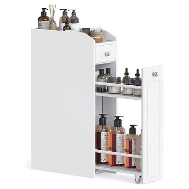Slim Cloud White Bathroom Storage Cabinet with Drawer and Pull-Out Bottom Bin