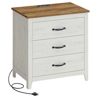 Farmhouse Nightstand with Three Drawers and Built-In Charging Station for Bedroom or Living Room