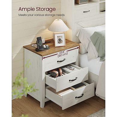 Farmhouse Nightstand with Three Drawers and Built-In Charging Station for Bedroom or Living Room
