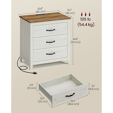 Farmhouse Nightstand with Three Drawers and Built-In Charging Station for Bedroom or Living Room