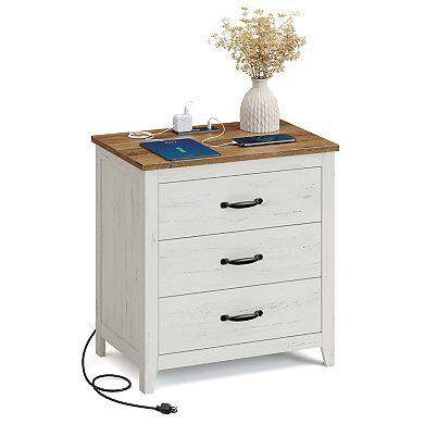 Farmhouse Nightstand with Three Drawers and Built-In Charging Station for Bedroom or Living Room