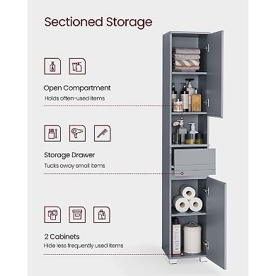 Slim Bathroom Tower Cabinet with Adjustable Shelves and Drawer - Mystic Grey