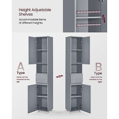 Slim Bathroom Tower Cabinet with Adjustable Shelves and Drawer - Mystic Grey