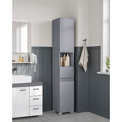 Slim Bathroom Tower Cabinet with Adjustable Shelves and Drawer - Mystic Grey