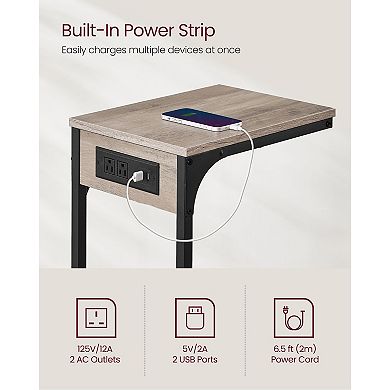 Heather Greige C Table for Sofa or Bed, Built-In Power Strip for Small-Space Side Table