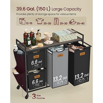 Adjustable Laundry Cart with Removable Baskets, Top Shelf and Side Pockets