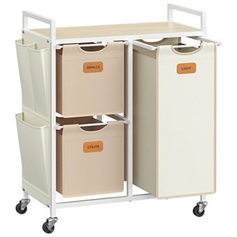 Adjustable Laundry Cart with Removable Baskets, Top Shelf and Side Pockets