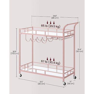 Rolling Bar Cart with Stemware Rack and Mirrored Shelves for Living or Dining Room