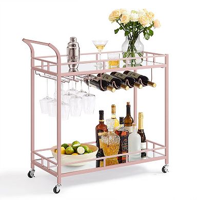Rolling Bar Cart with Stemware Rack and Mirrored Shelves for Living or Dining Room