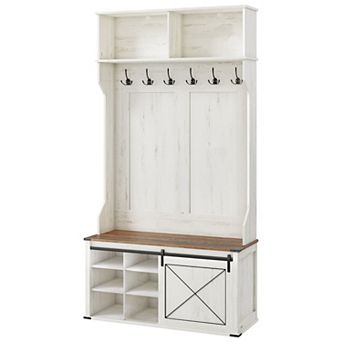 Multifunctional Entryway Storage Hall Tree, Rustic Design with Bench, Shoe Rack, and Coat Hooks