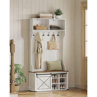 Multifunctional Entryway Storage Hall Tree, Rustic Design with Bench, Shoe Rack, and Coat Hooks