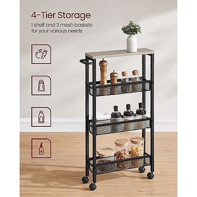 Slim 4-Tier Rolling Storage Cart for Kitchen Pantry with Mesh Baskets - Heather Greige and Black
