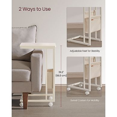 Versatile C Table for Sofa or Bedside, Adjustable Feet, Swivel Casters, Cream White